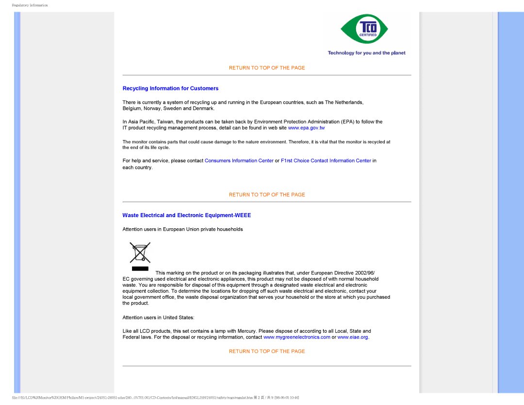 Philips 240S1 user manual Recycling Information for Customers, Waste Electrical and Electronic Equipment-WEEE 