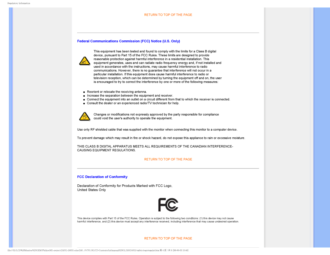 Philips 240S1 user manual Federal Communications Commission FCC Notice U.S. Only, FCC Declaration of Conformity 