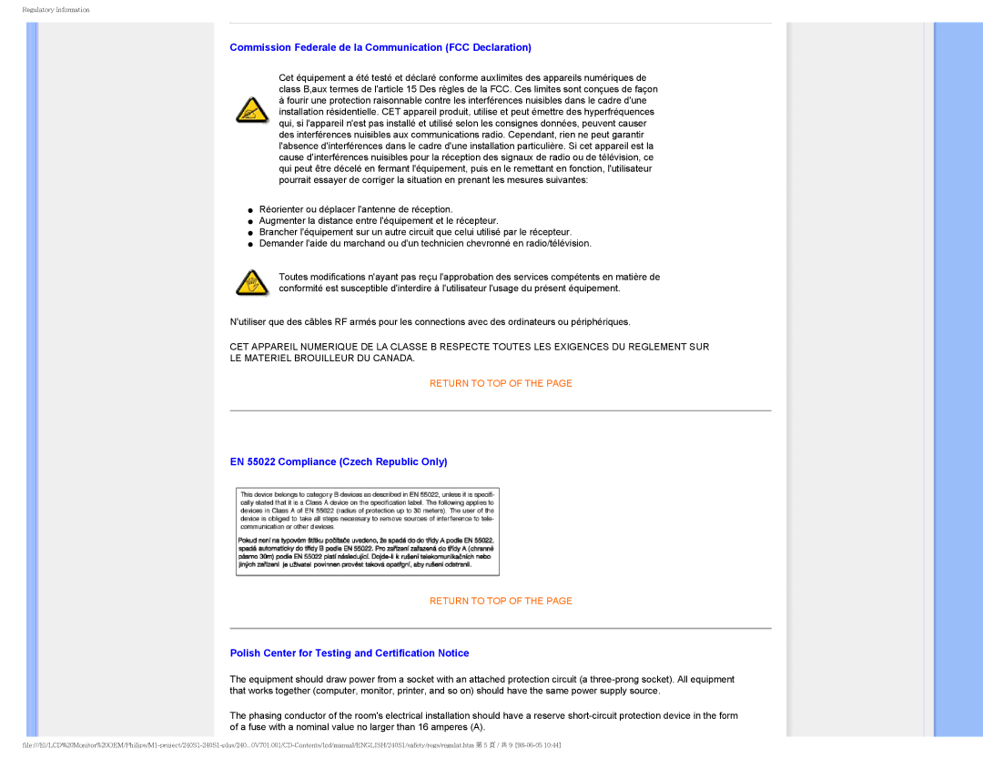 Philips 240S1 user manual Commission Federale de la Communication FCC Declaration, EN 55022 Compliance Czech Republic Only 