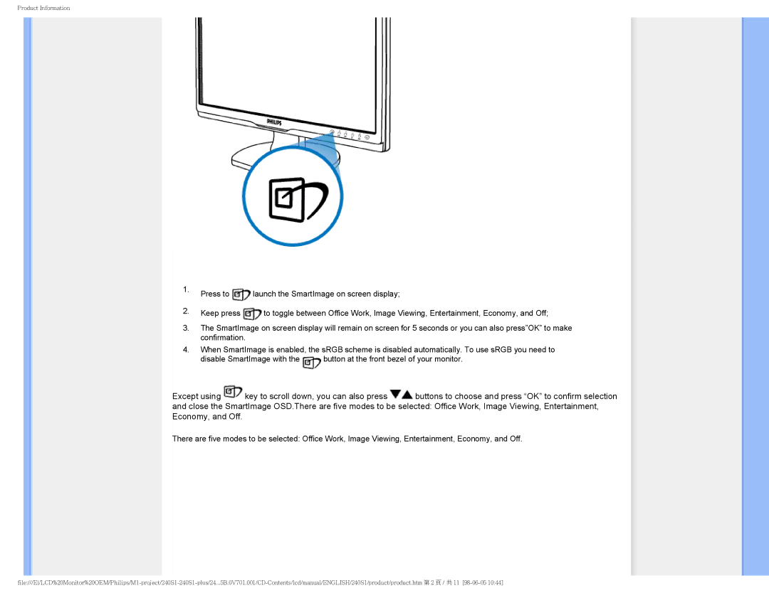 Philips 240S1 user manual Product Information 