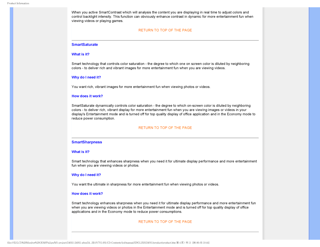 Philips 240S1 user manual SmartSaturate, SmartSharpness 