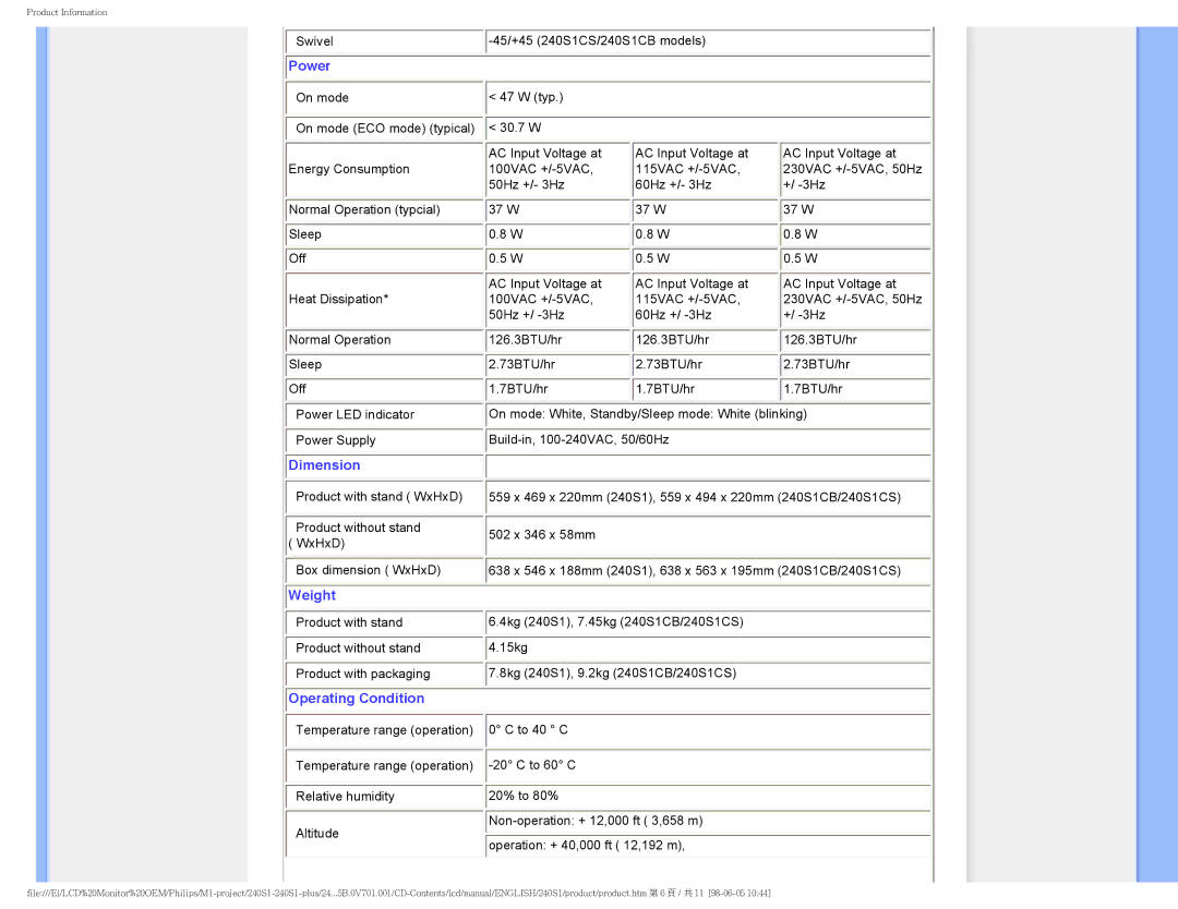 Philips 240S1 user manual Power 