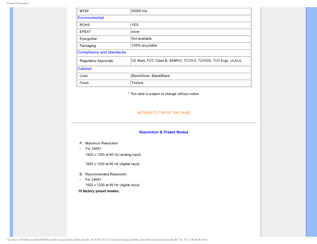 Philips 240S1 user manual Environmental, Resolution & Preset Modes 