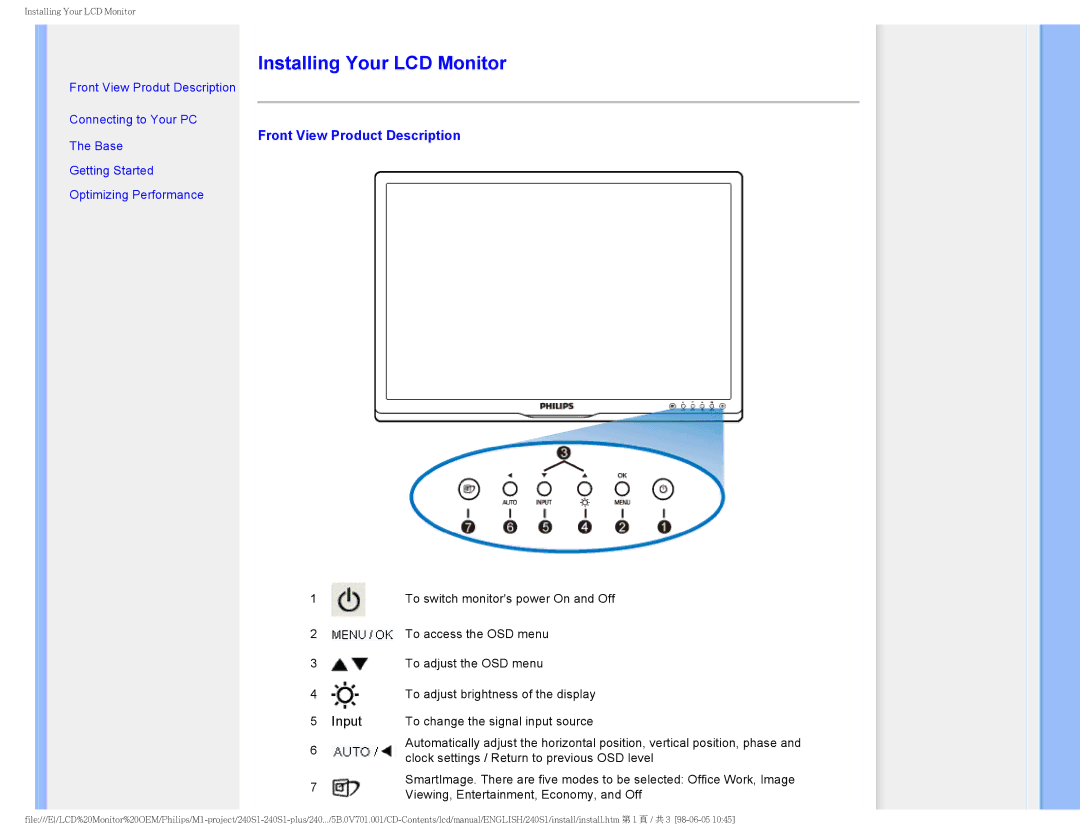 Philips 240S1 user manual Installing Your LCD Monitor, Front View Product Description 