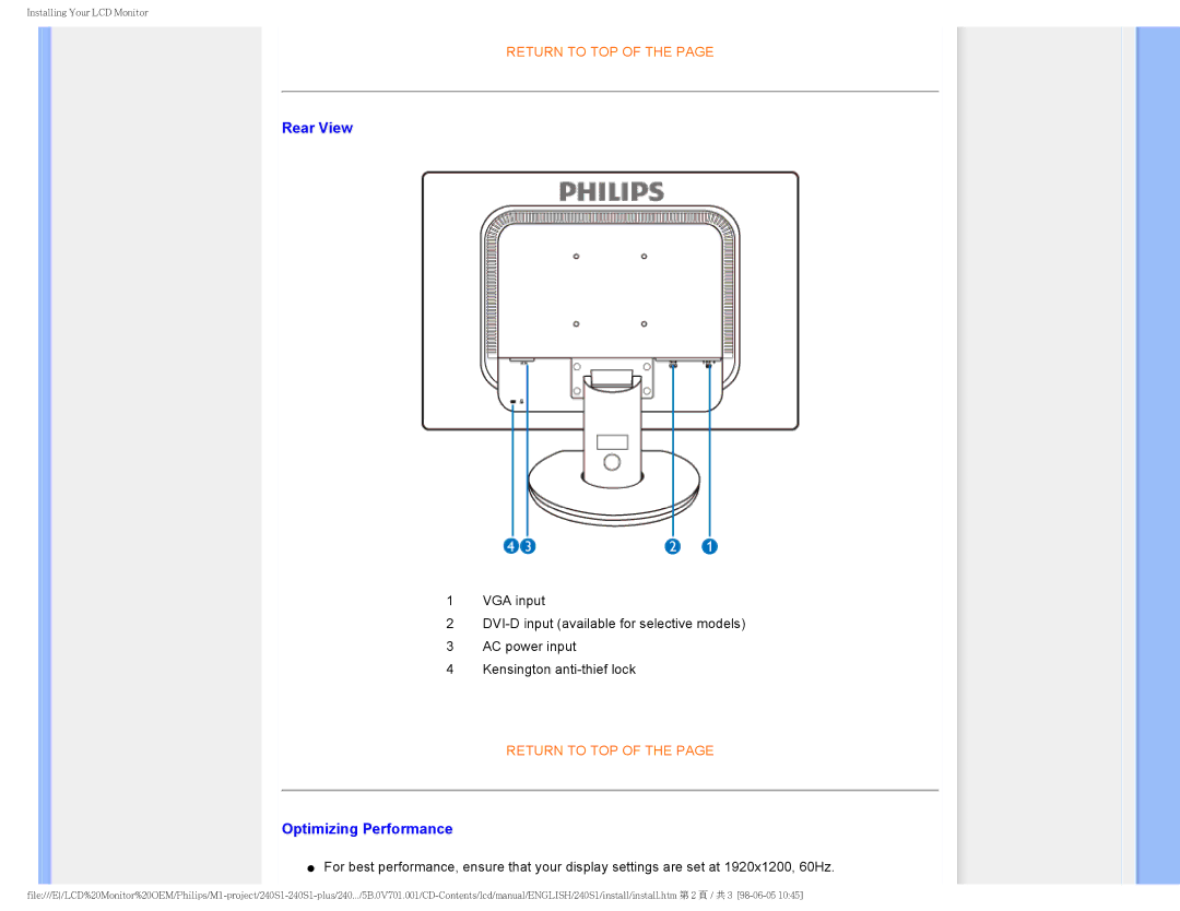 Philips 240S1 user manual Rear View, Optimizing Performance 