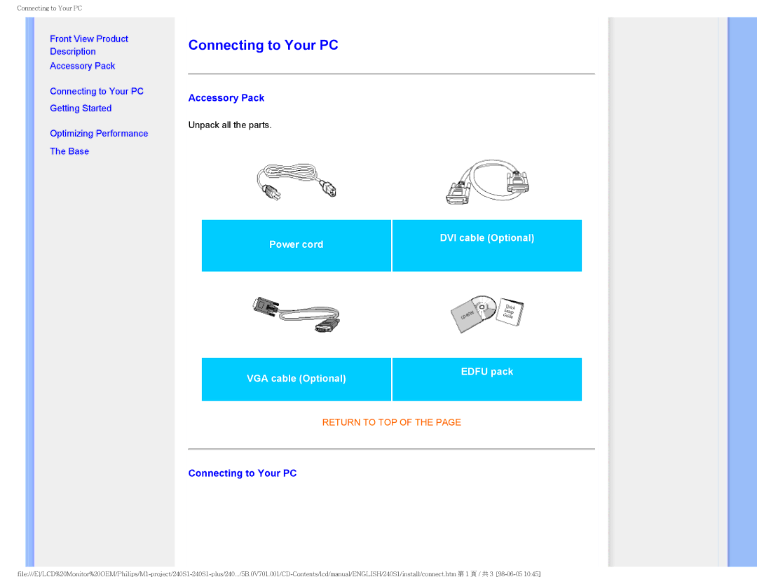 Philips 240S1 user manual Connecting to Your PC, Accessory Pack 