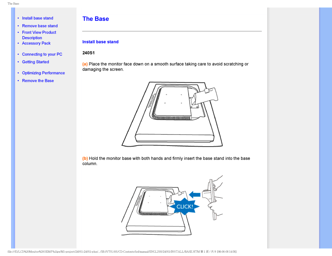 Philips 240S1 user manual Base, Install base stand 