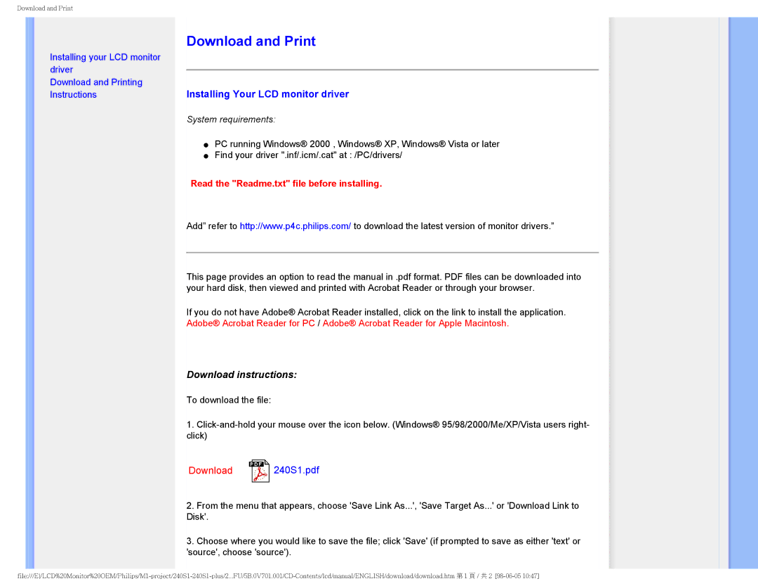 Philips 240S1 user manual Download and Print, Installing Your LCD monitor driver 