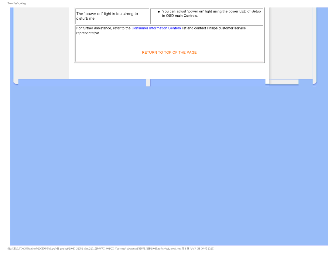 Philips 240S1CB/00 user manual Power on light is too strong to disturb me 