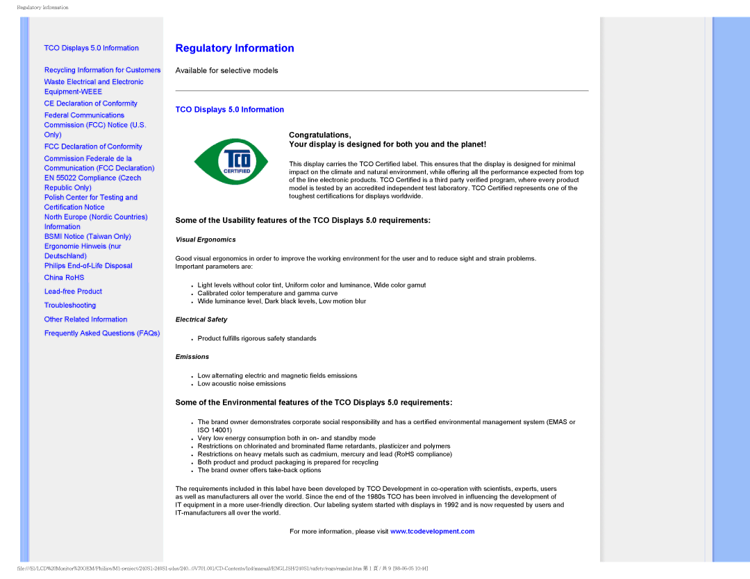 Philips 240S1CB/00 user manual Regulatory Information, TCO Displays 5.0 Information 