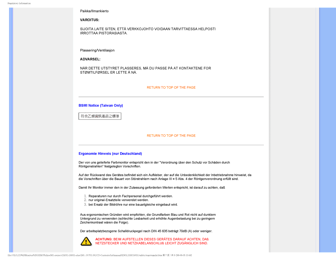 Philips 240S1CB/00 user manual Bsmi Notice Taiwan Only, Ergonomie Hinweis nur Deutschland 
