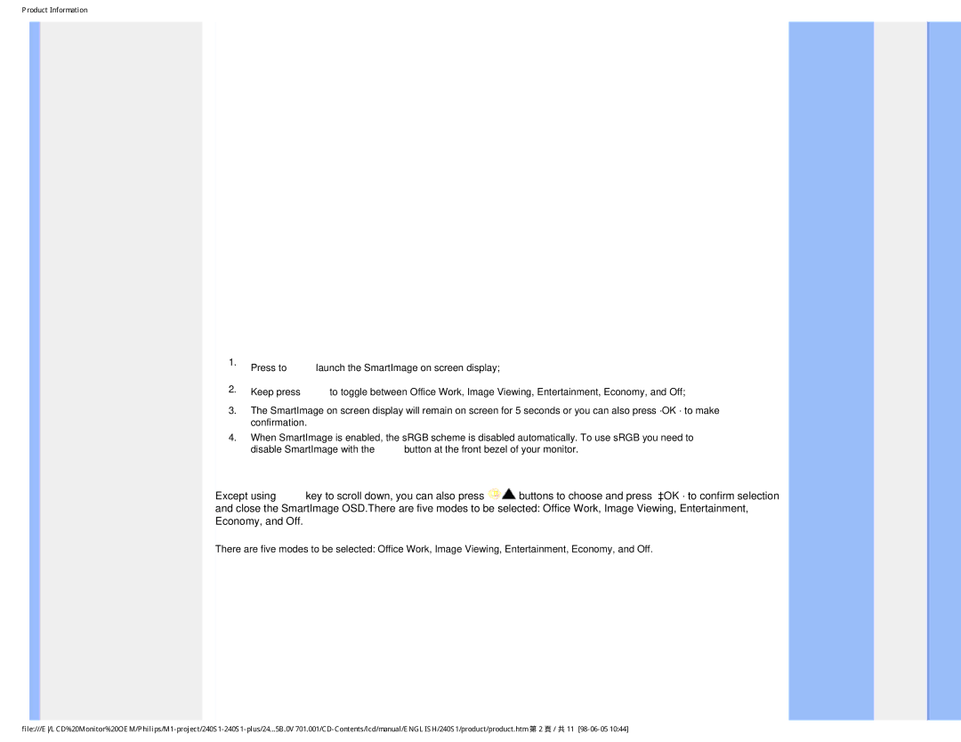 Philips 240S1CB/00 user manual Product Information 