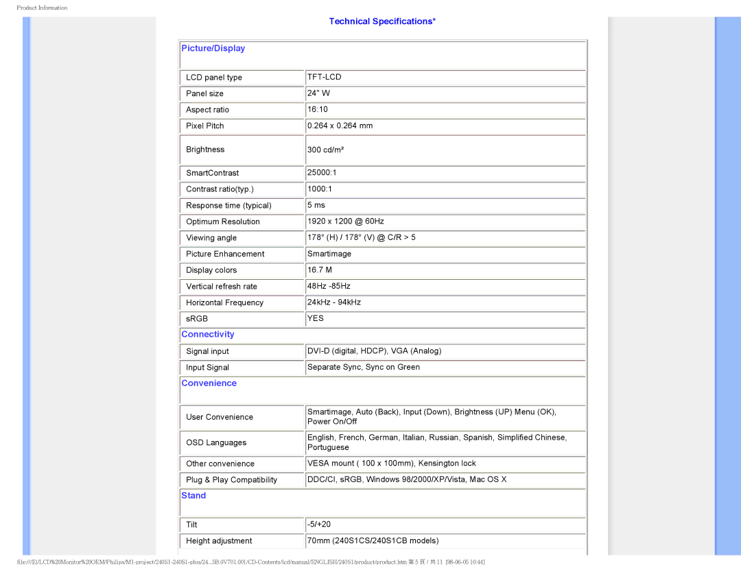 Philips 240S1CB/00 user manual Picture/Display, Technical Specifications 