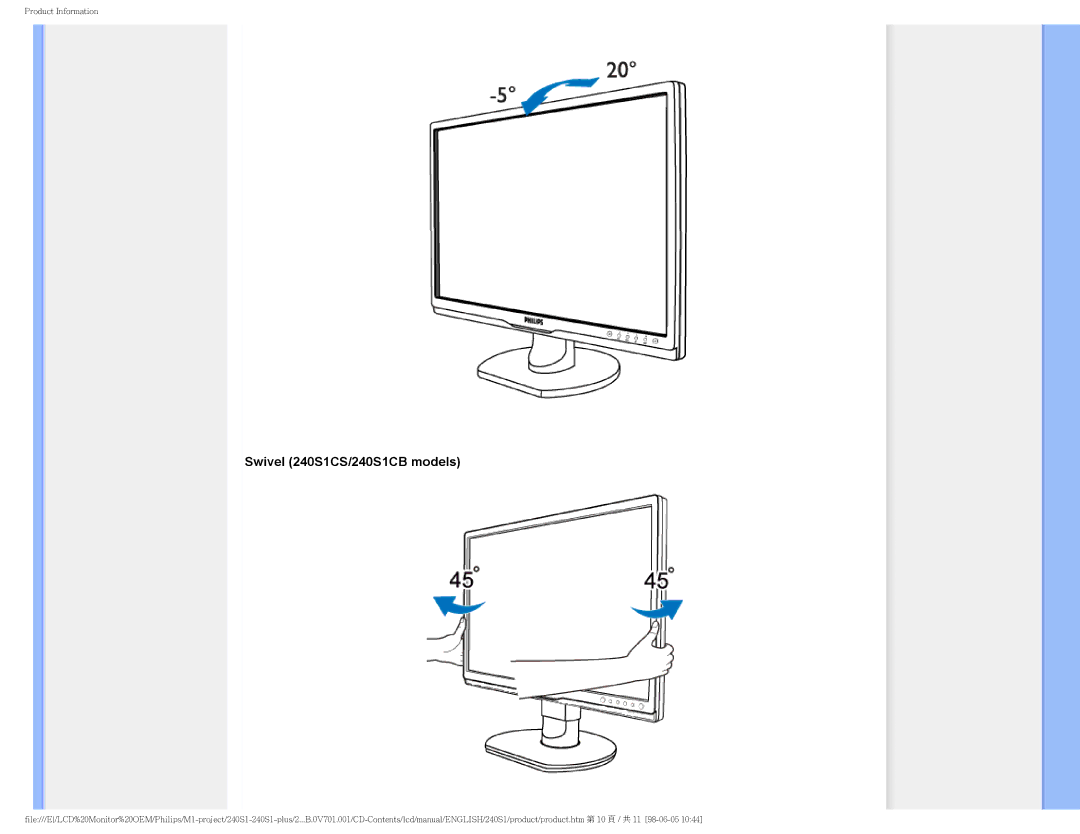 Philips 240S1CB/00 user manual Swivel 240S1CS/240S1CB models 