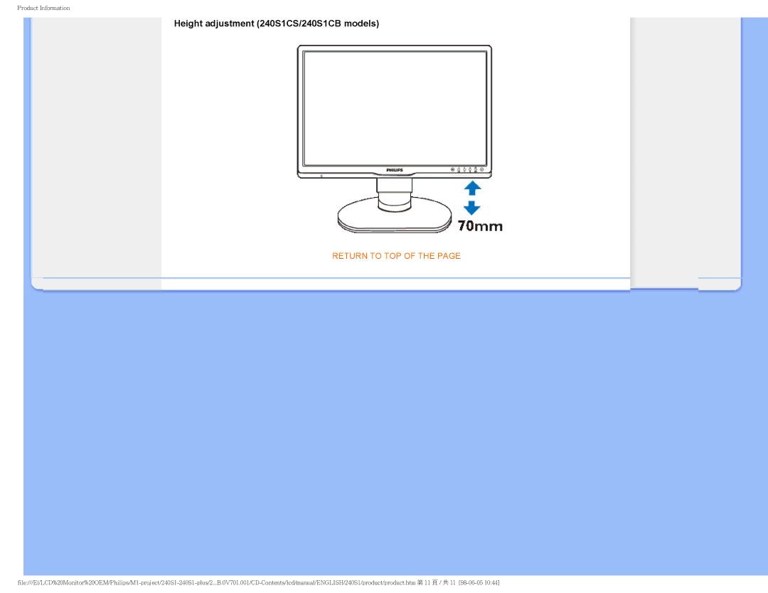 Philips 240S1CB/00 user manual Height adjustment 240S1CS/240S1CB models 