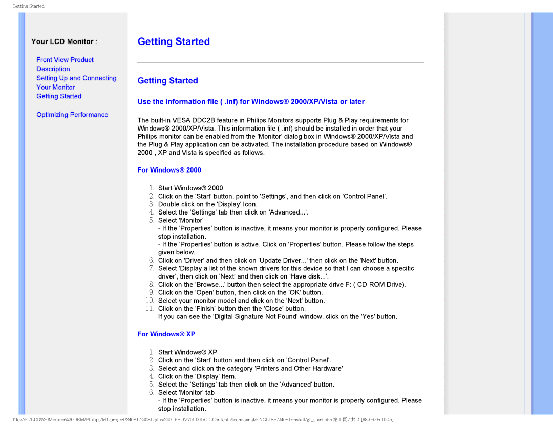 Philips 240S1CB/00 user manual Getting Started, For Windows XP 
