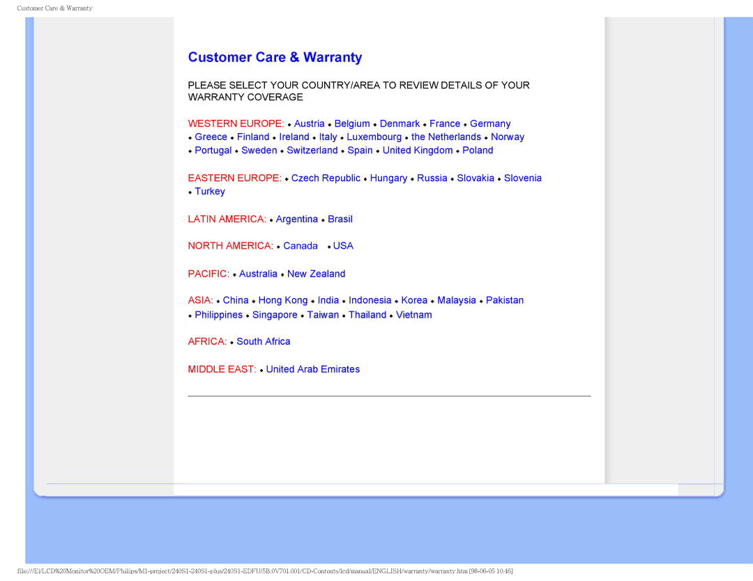 Philips 240S1CB/00 user manual Customer Care & Warranty, North America Canada USA 