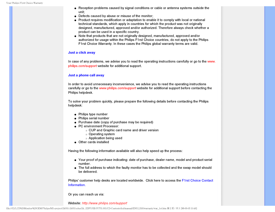 Philips 240S1CB/00 user manual Just a click away Just a phone call away, Information 