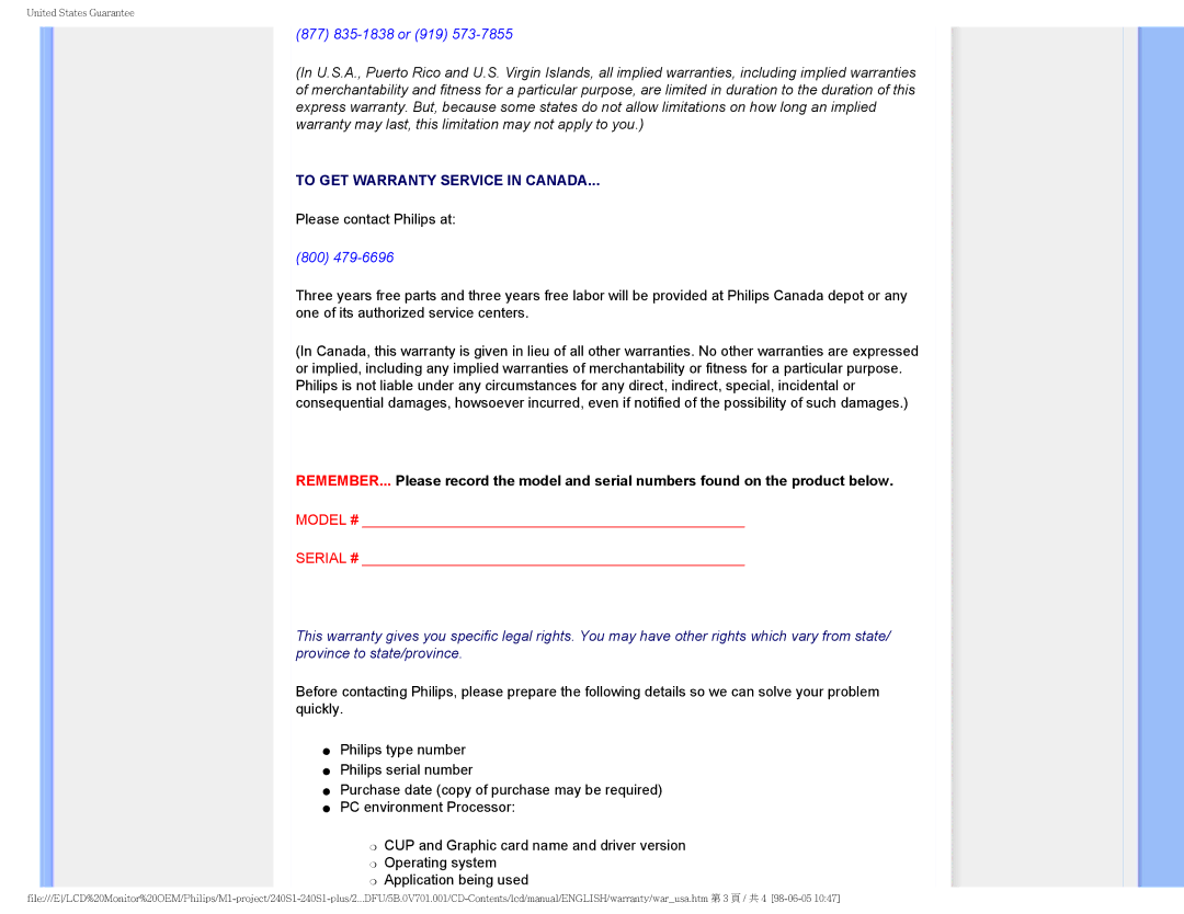 Philips 240S1CB/00 user manual To GET Warranty Service in Canada 