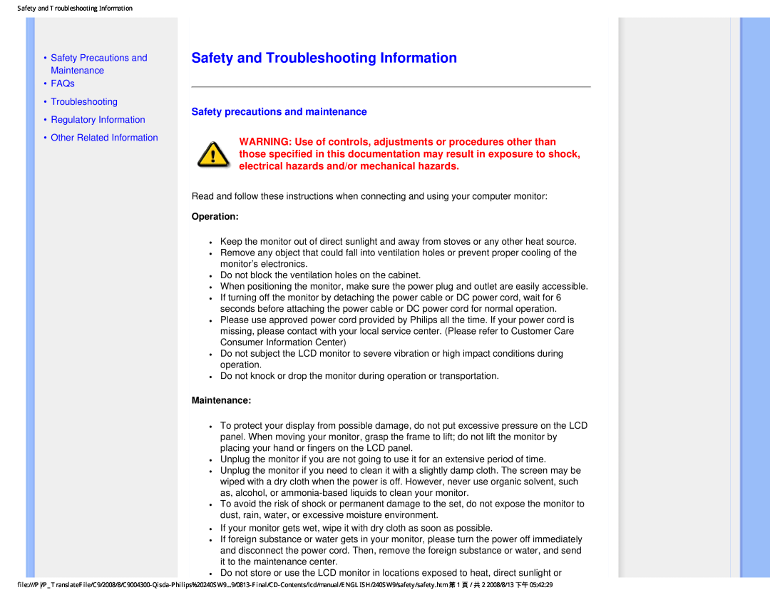 Philips 240SW9 Safety and Troubleshooting Information, Safety precautions and maintenance, Operation, Maintenance 