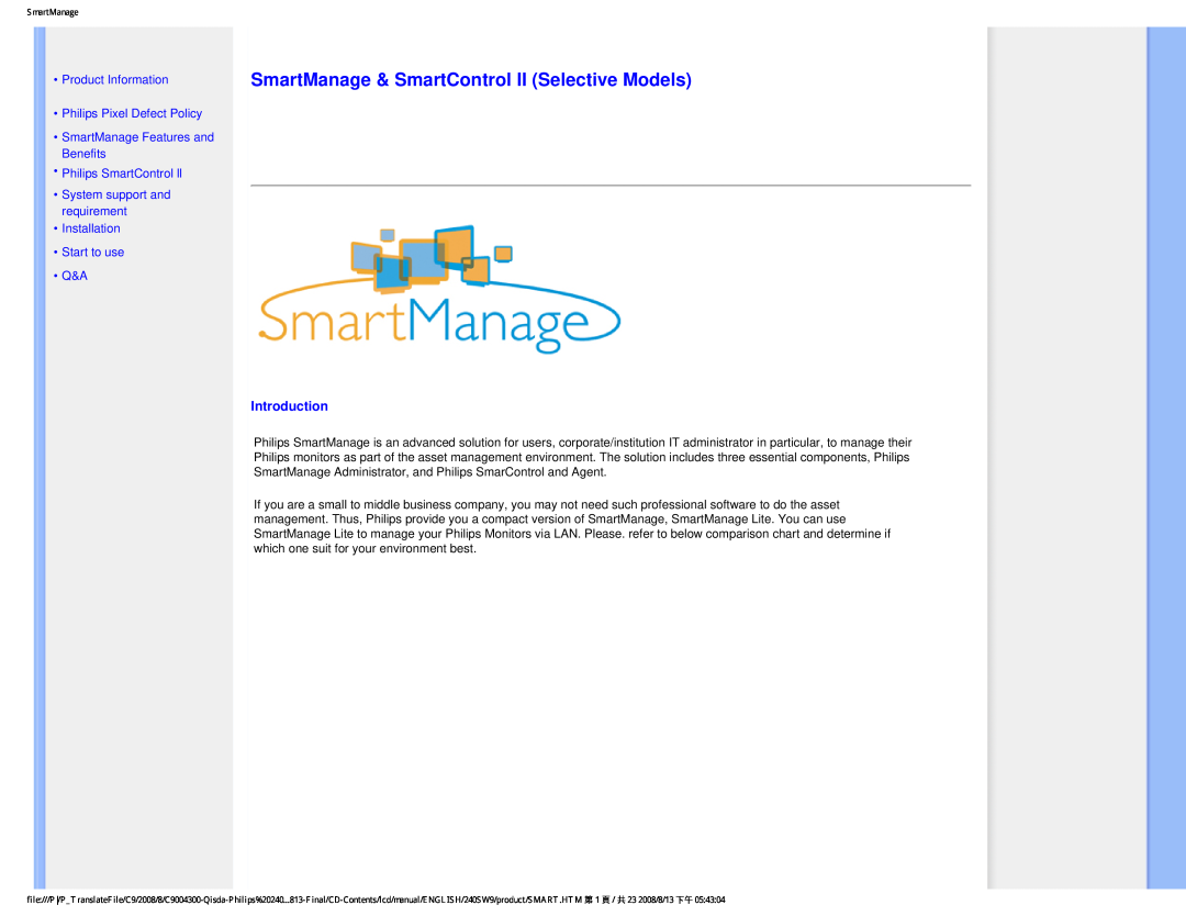 Philips 240SW9 user manual SmartManage & SmartControl II Selective Models, Introduction 