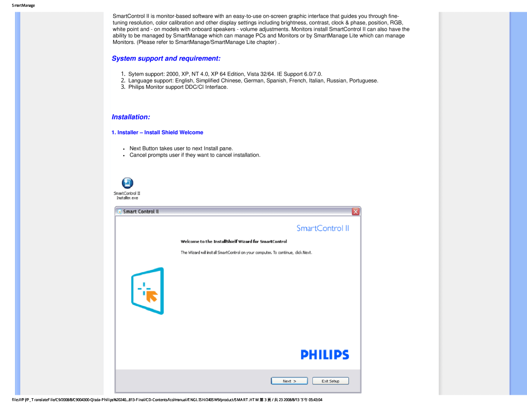 Philips 240SW9 user manual System support and requirement, Installation, Installer - Install Shield Welcome 