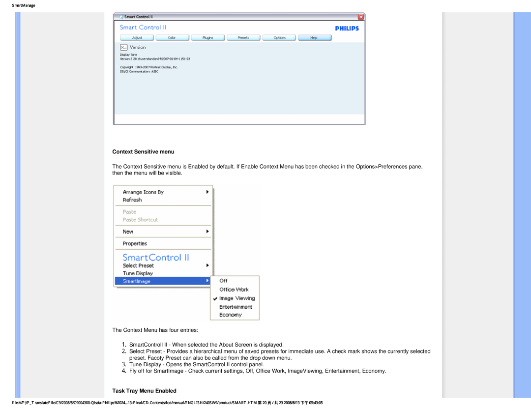 Philips 240SW9 user manual Context Sensitive menu, Task Tray Menu Enabled 