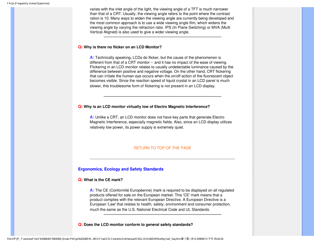 Philips 240SW9 user manual Ergonomics, Ecology and Safety Standards, Why is there no flicker on an LCD Monitor? 