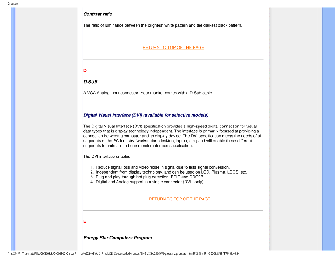 Philips 240SW9 user manual Contrast ratio, Energy Star Computers Program 