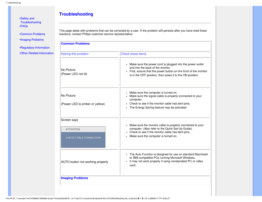 Philips 240SW9 user manual Troubleshooting 