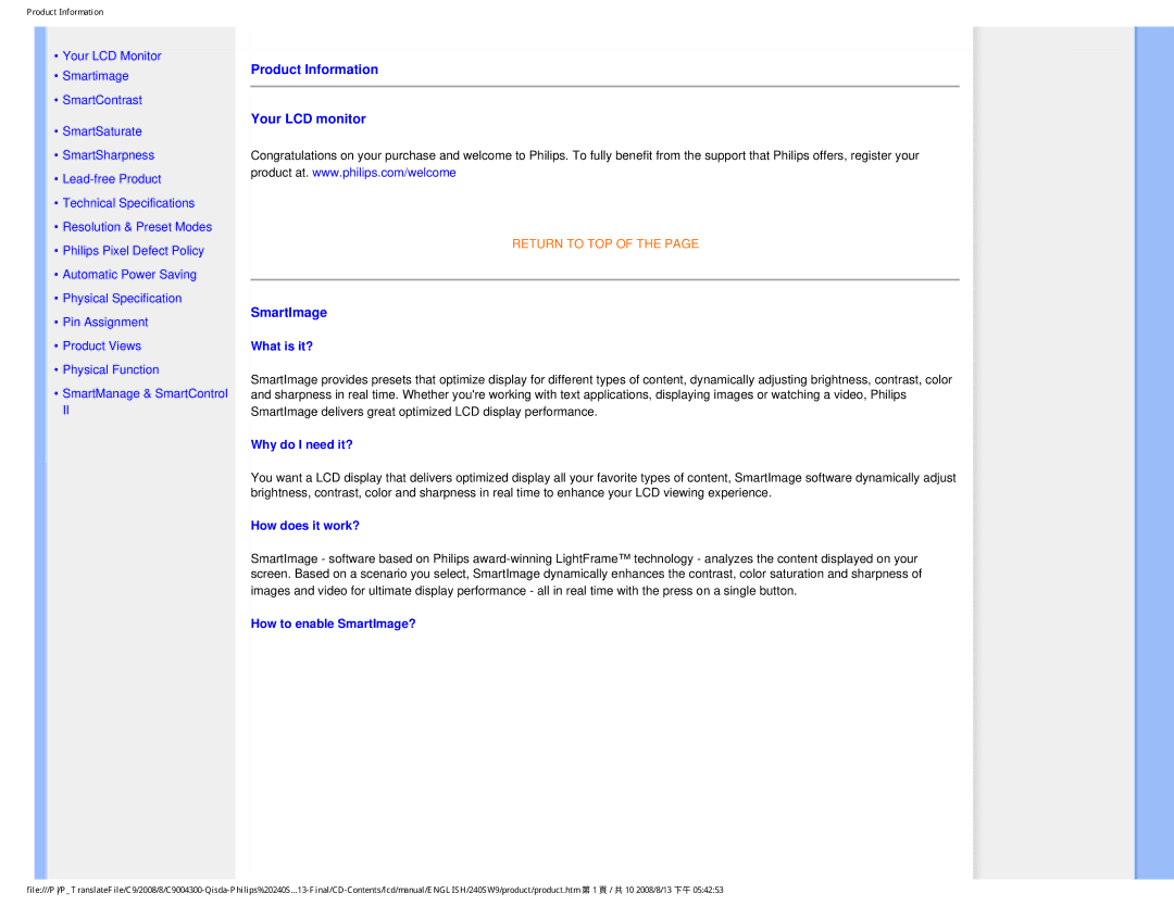 Philips 240SW9 user manual Product Information Your LCD monitor, SmartImage 