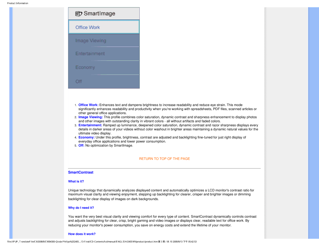 Philips 240SW9 user manual SmartContrast, How does it work? 