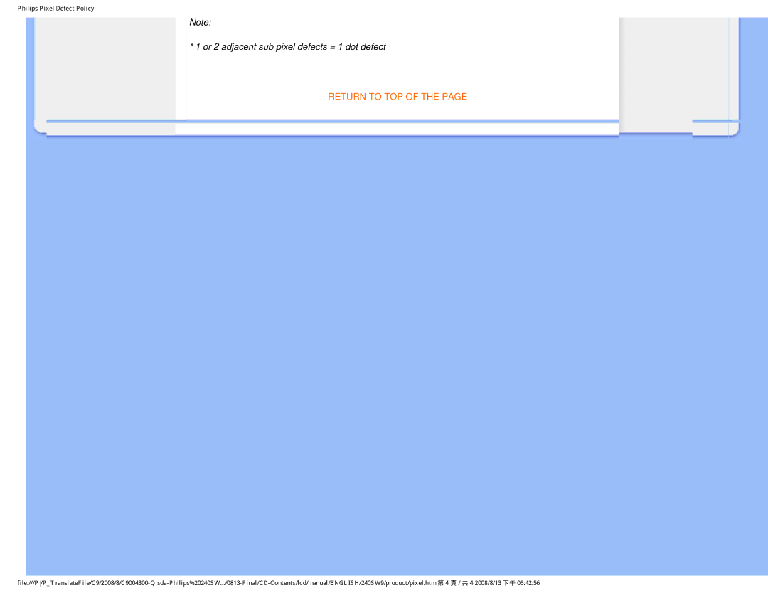 Philips 240SW9 user manual Or 2 adjacent sub pixel defects = 1 dot defect 