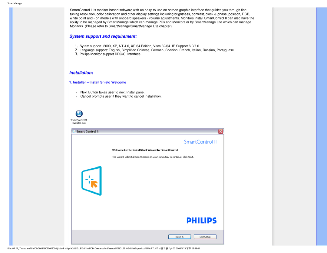 Philips 240SW9 user manual System support and requirement, Installer Install Shield Welcome 