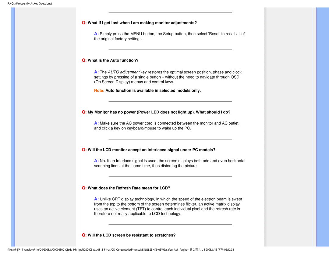 Philips 240SW9 user manual What if I get lost when I am making monitor adjustments? 