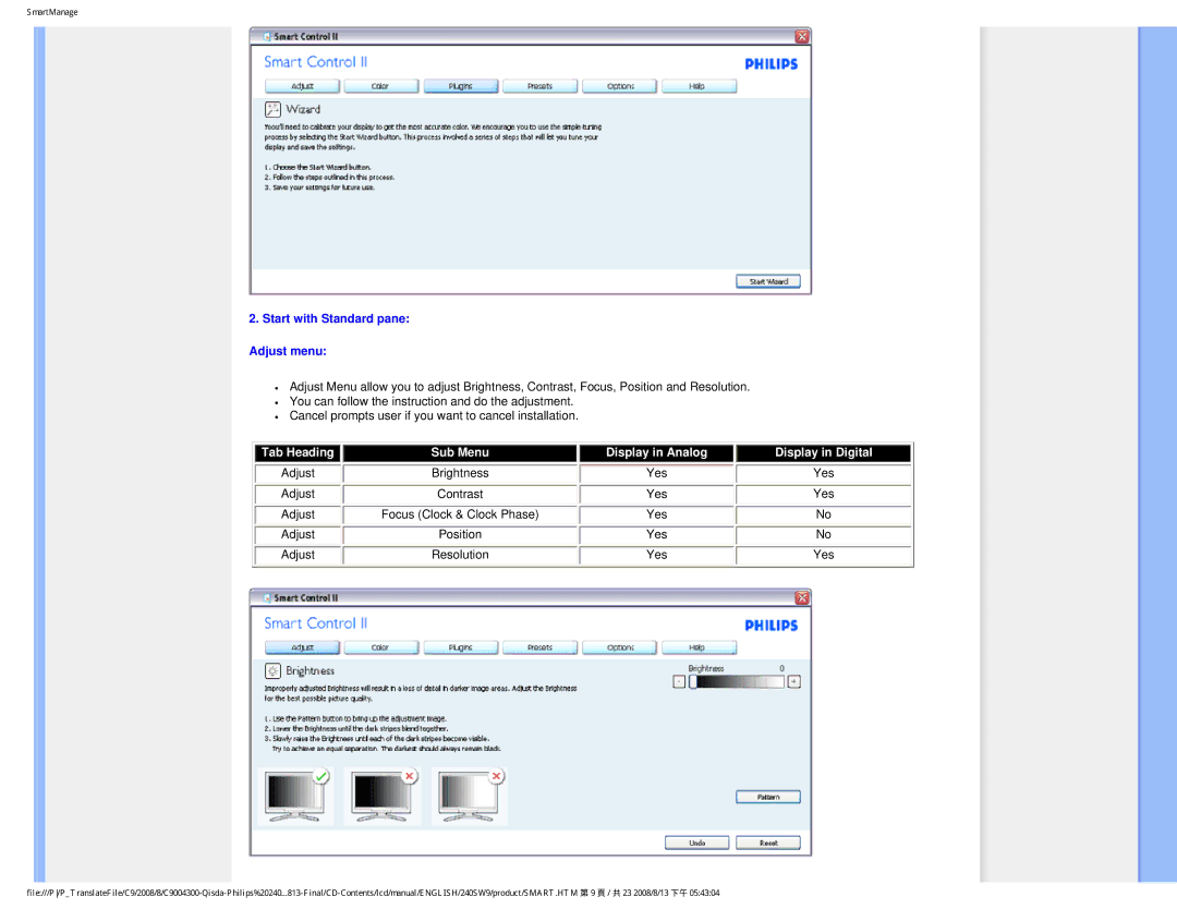 Philips 240SW9 user manual Start with Standard pane Adjust menu, Display in Digital 