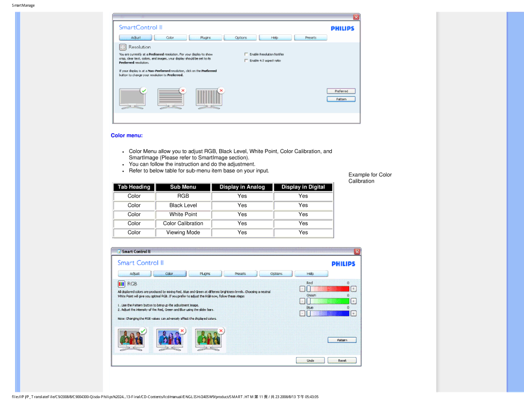 Philips 240SW9 user manual Color menu, Rgb 