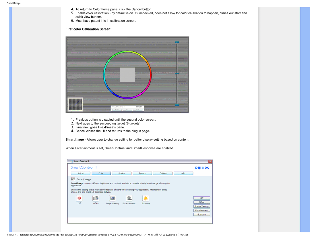 Philips 240SW9 user manual First color Calibration Screen 