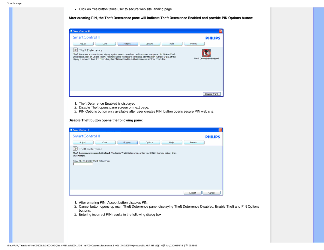 Philips 240SW9 user manual Disable Theft button opens the following pane 