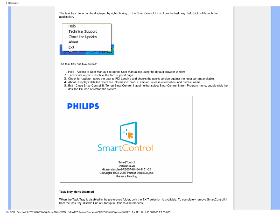 Philips 240SW9 user manual Task Tray Menu Disabled 