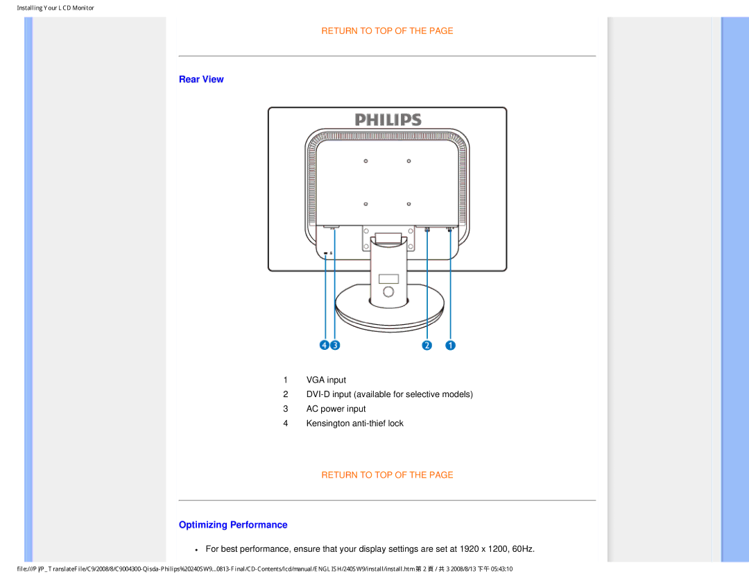 Philips 240SW9 user manual Rear View 