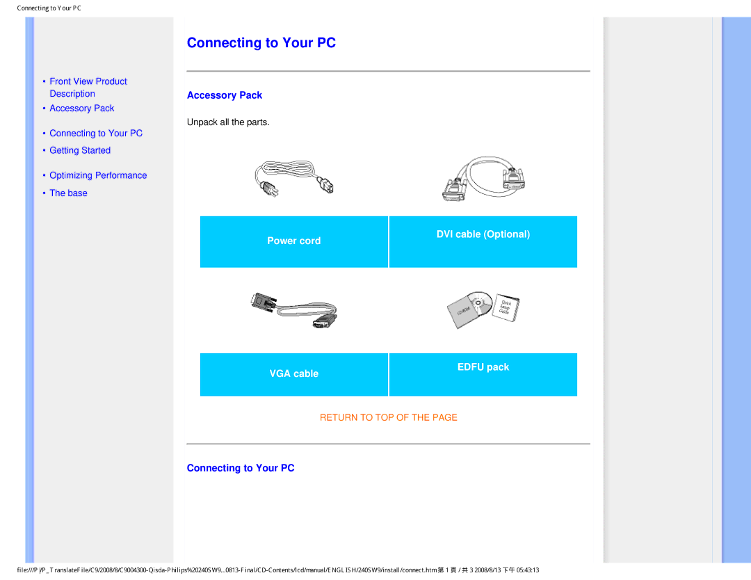 Philips 240SW9 user manual Connecting to Your PC, Accessory Pack 