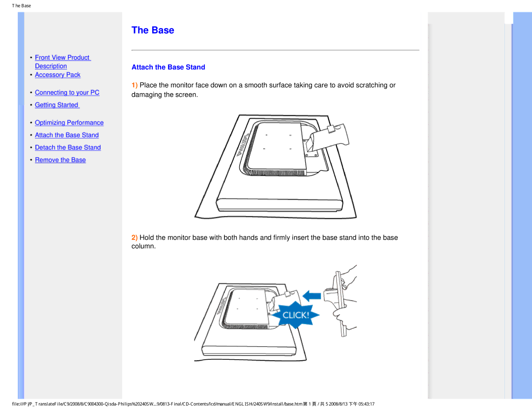 Philips 240SW9 user manual Attach the Base Stand 