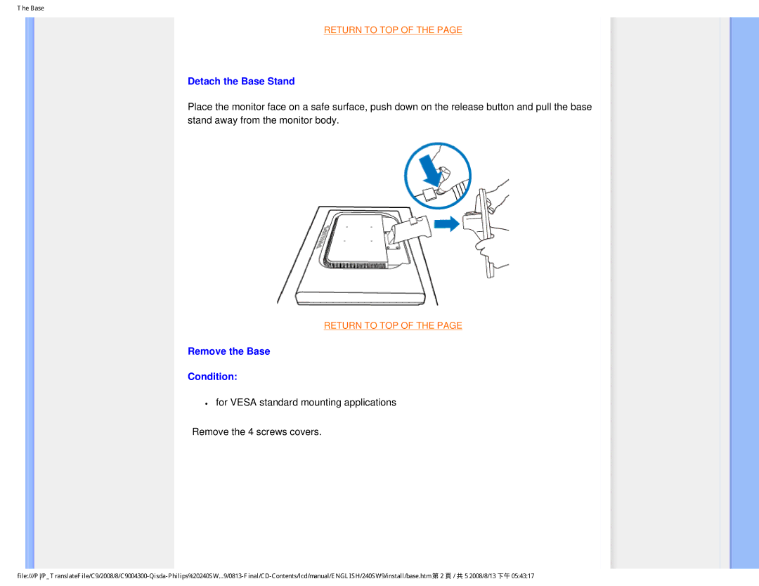 Philips 240SW9 user manual Detach the Base Stand, Remove the Base Condition 
