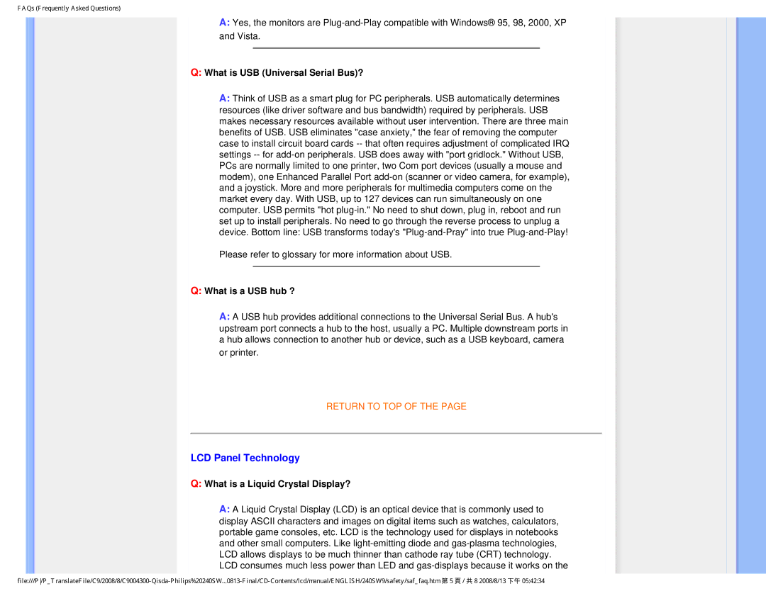 Philips 240SW9 user manual LCD Panel Technology, What is USB Universal Serial Bus? 