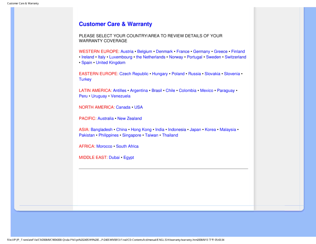 Philips 240SW9 user manual Customer Care & Warranty, North America Canada USA 