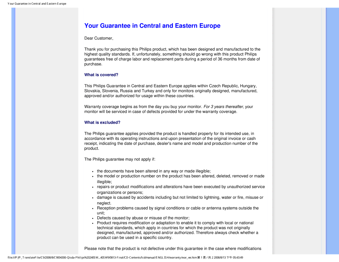 Philips 240SW9 user manual Your Guarantee in Central and Eastern Europe 