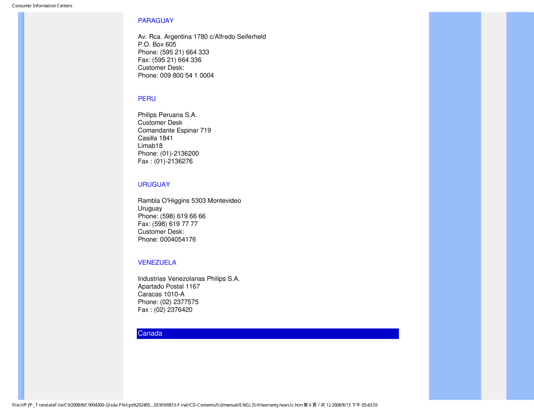 Philips 240SW9 user manual Paraguay, Peru, Uruguay, Venezuela 