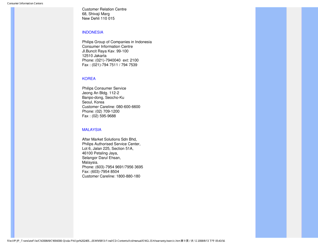 Philips 240SW9 user manual Indonesia, Korea, Malaysia 