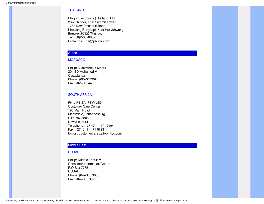 Philips 240SW9 user manual Thailand, Morocco, South Africa, Dubai 